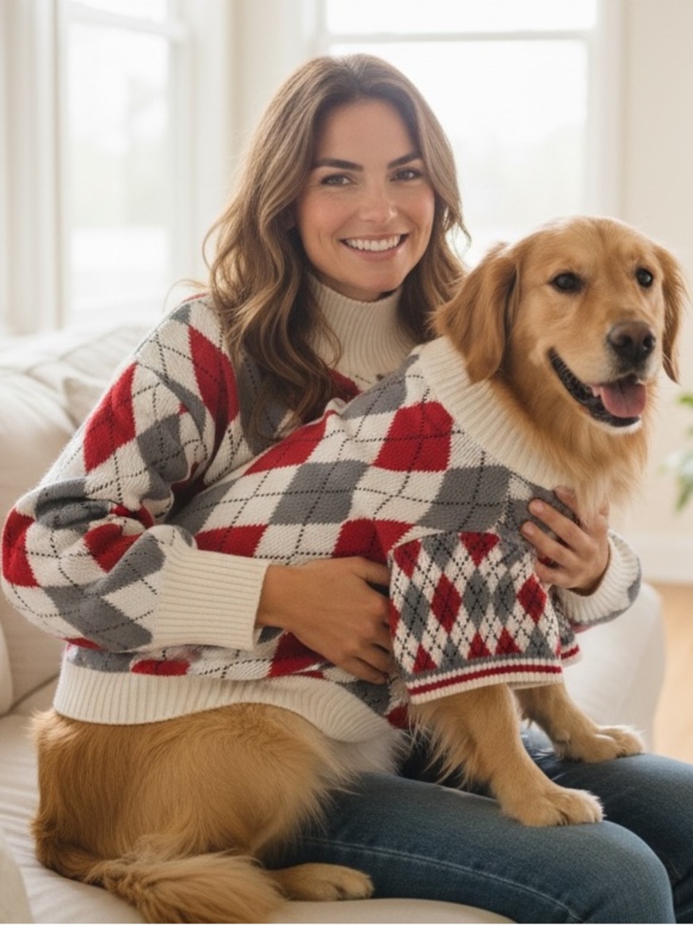 Dog sweater XL Argyle Knit Sweater Top in Red, Gray & Cream